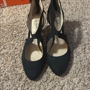 Black High-Heeled T-Strap Pumps